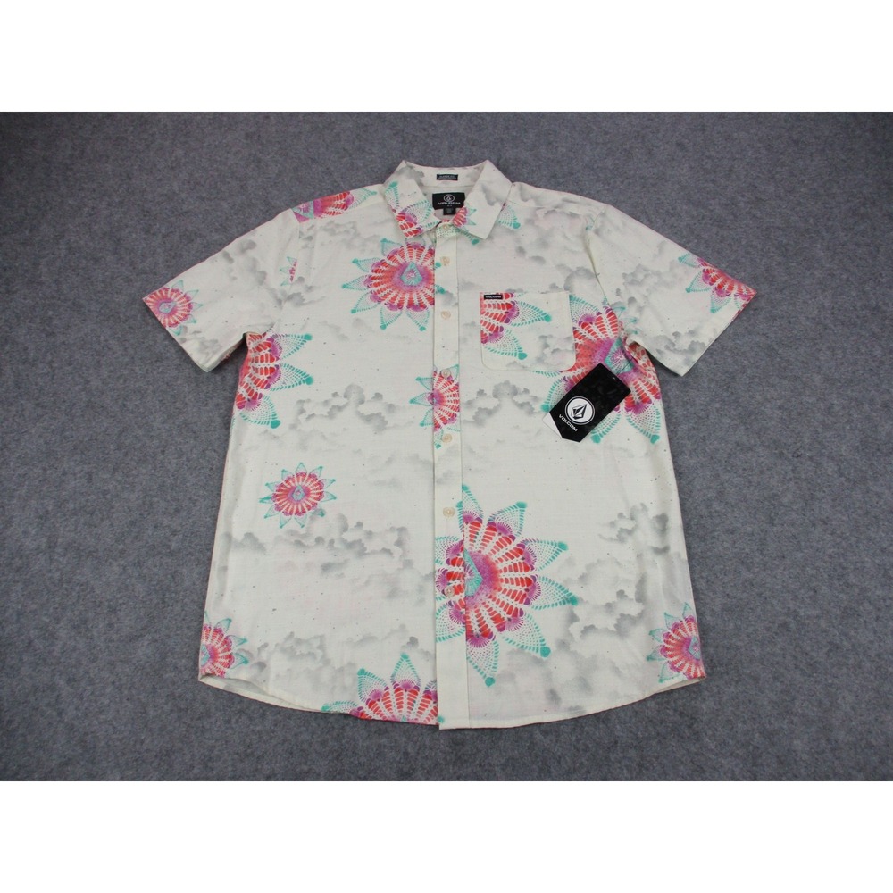 Volcom Men Medium Off White Red Floral Button Up Shirt A0422200 Cotton Viscose